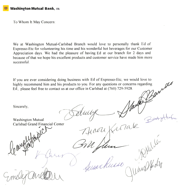 Washington Mutual Bank gives us a great review letter, with lots of signatures!