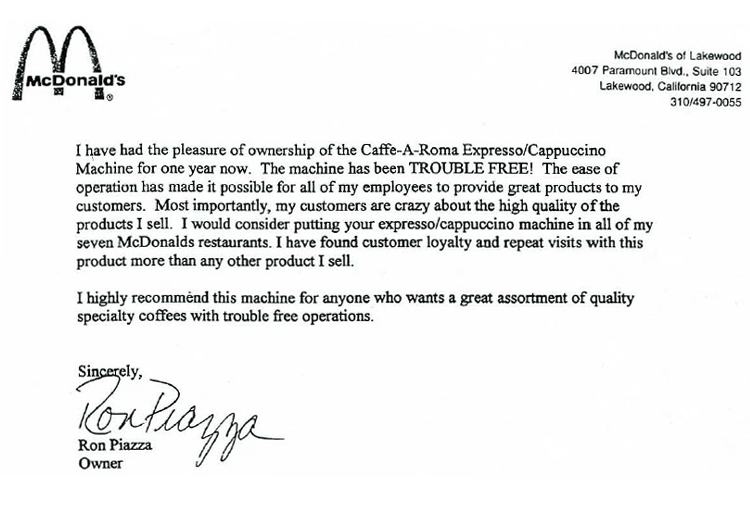 Testimonial from McDonalds Restaurant, fast food coffee machine.